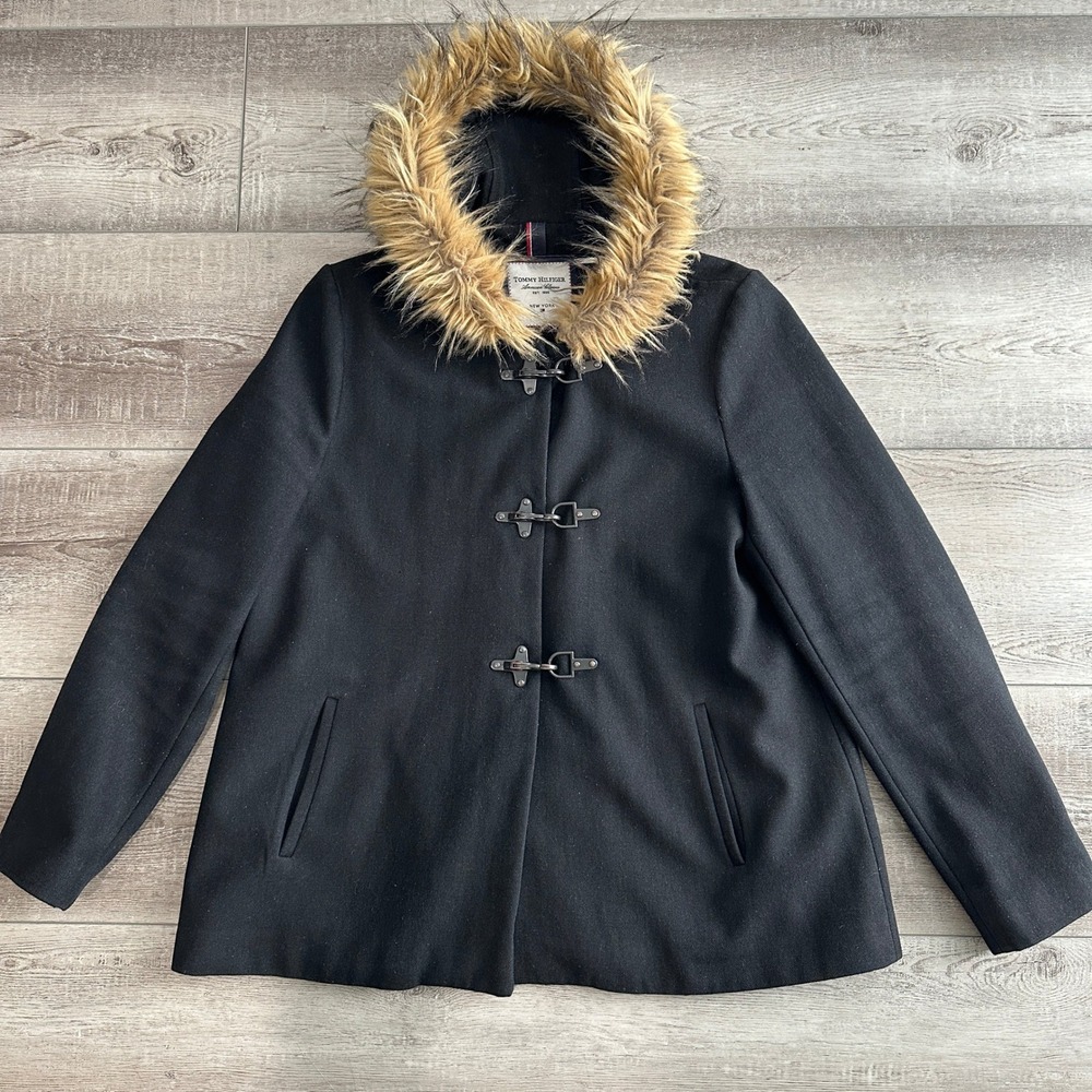 Tommy Hilfiger Womens Wool Toggle Walker Pea Coat Size L Faux Fur Hood Preppy